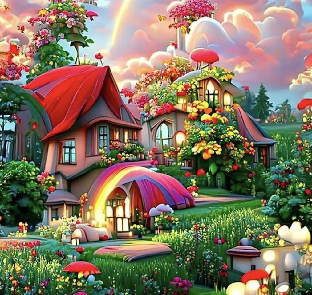 Huizen met een tuin in sprookjesachtige kleuren online puzzel