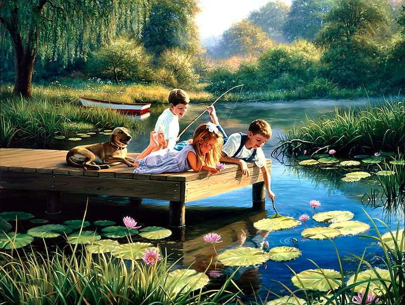 By the lake - Children on the footbridge, time to play online puzzle