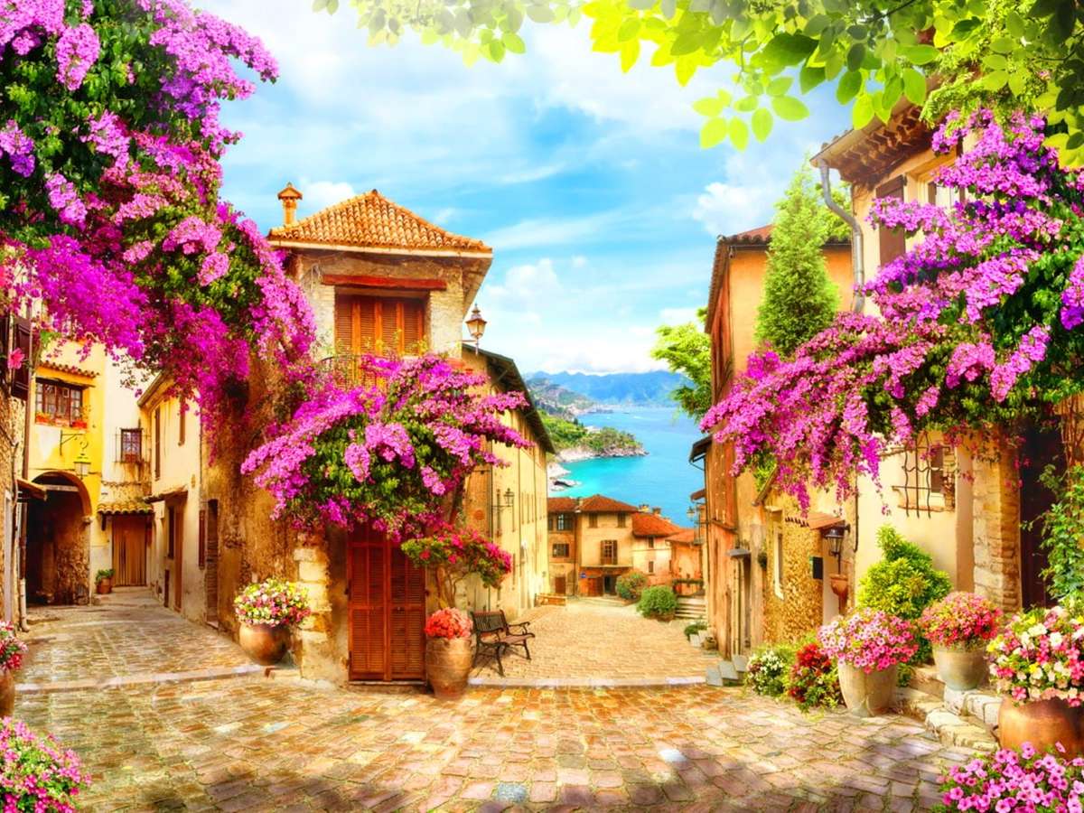Hermosas flores, hermosas casas, hermosa vista. rompecabezas en línea