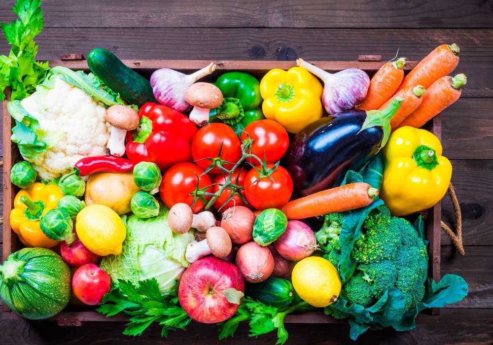 Definido para a saúde - Bandeja com legumes, frutas puzzle online
