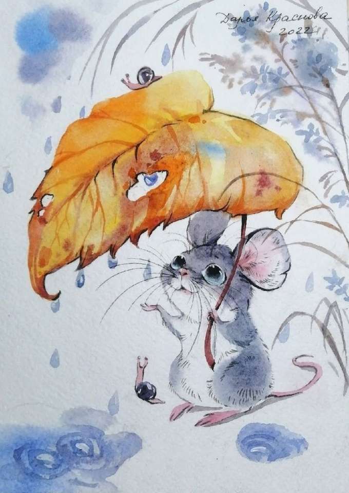 liten mus som skyddar från regnet Pussel online