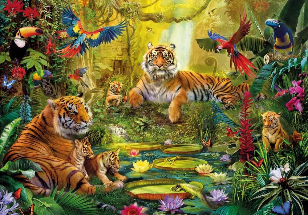 Семейство тигри, цветни птици в приказна гора онлайн пъзел