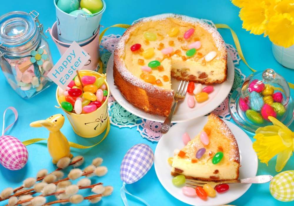Easter cheesecake, eggs, bunny jigsaw puzzle online