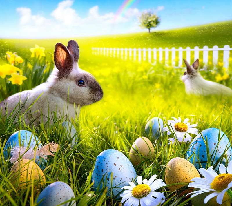 Deux lapins tout droit sortis du pré apportent des œufs de Pâques :) puzzle en ligne