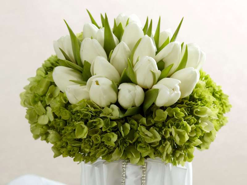 Bílé tulipány, zelená hortenzie tvoří krásnou kytici skládačky online