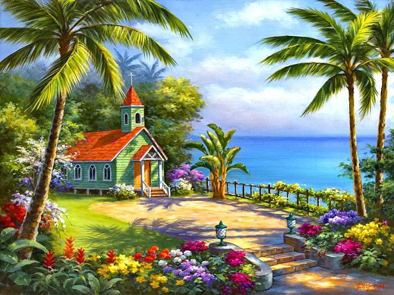 Eine kleine Kirche in einem tropischen Paradies, eine wunderschöne Aussicht Online-Puzzle