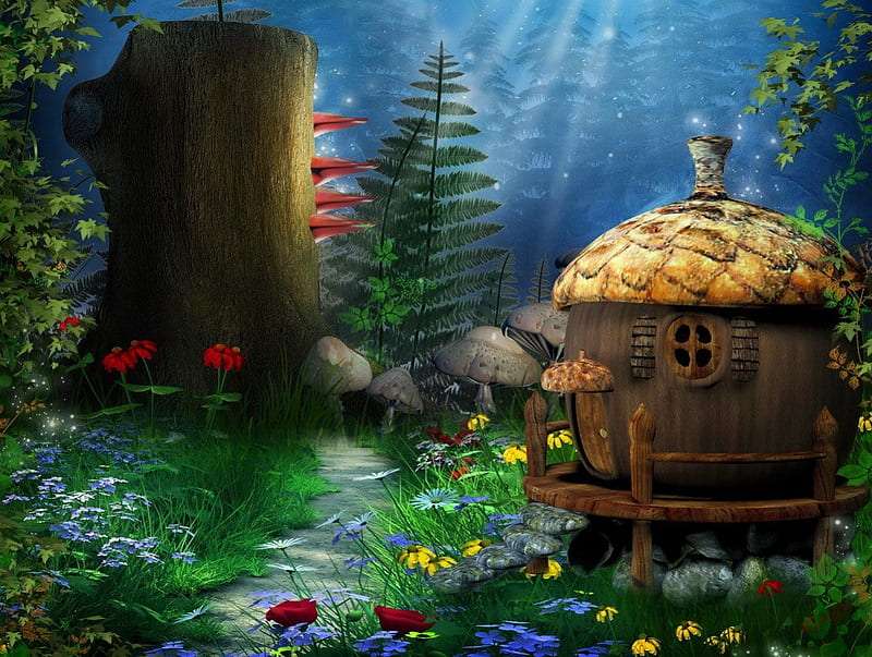 A fairy-tale land with an acorn house in it online puzzle