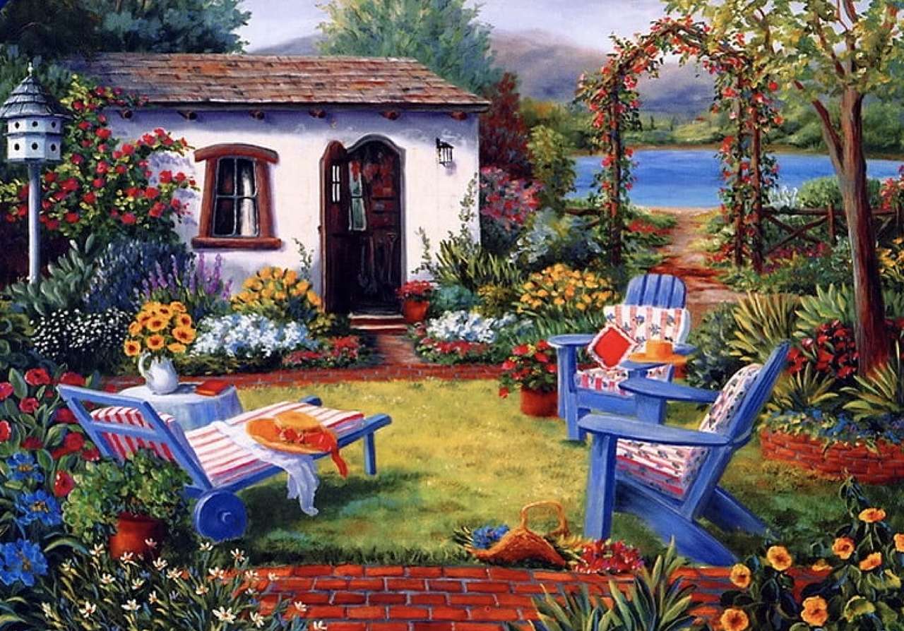 Landelijk tiny nice huisje met een kleurrijke tuin legpuzzel online
