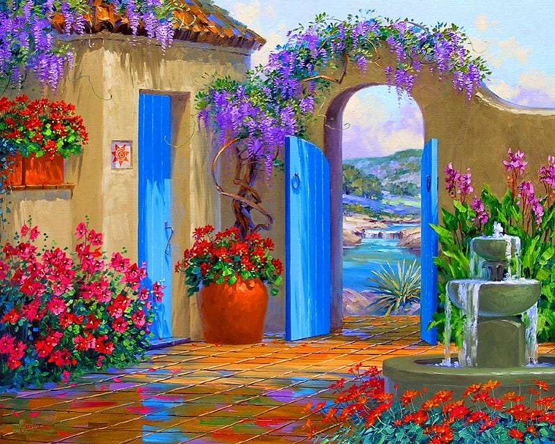 Vacker trädgård med en blå dörr pussel på nätet