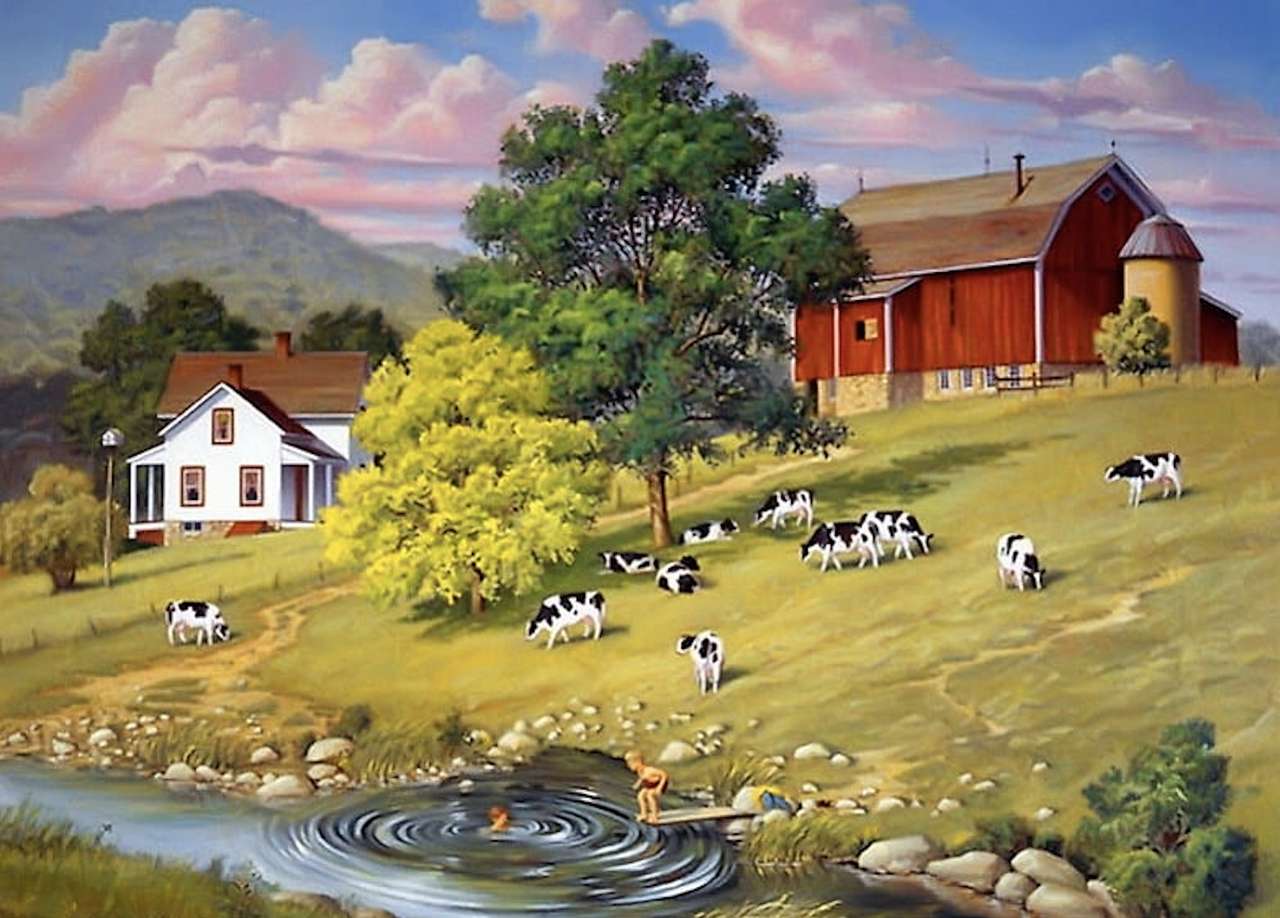 Bom verão, prados verdes, crianças e vacas felizes puzzle online