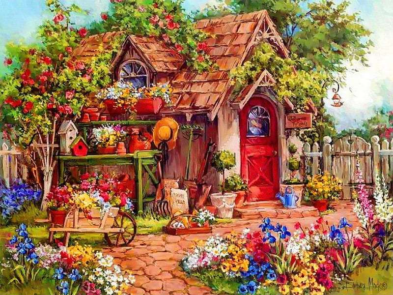 Сказочный домик с цветником пазл онлайн