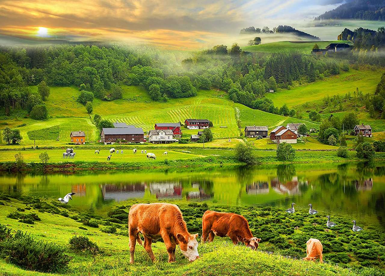 Щастливи животни на красиви зелени поляни онлайн пъзел