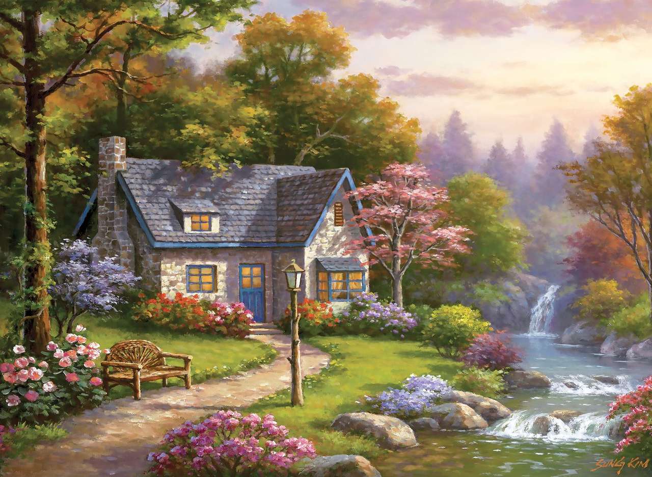 cottage vicino a una cascata puzzle online