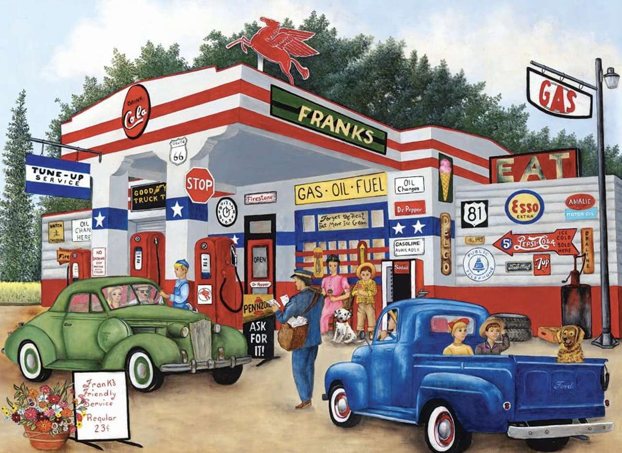 Retro-Autos und eine Tankstelle jener Jahre Online-Puzzle