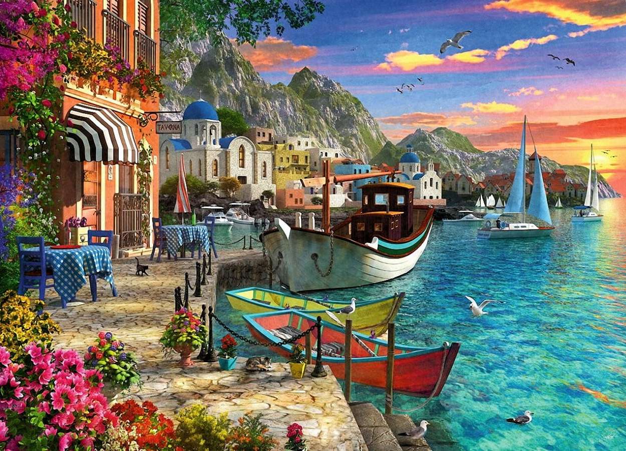 Schönes Griechenland - romantische Cafés am Wasser Puzzlespiel online