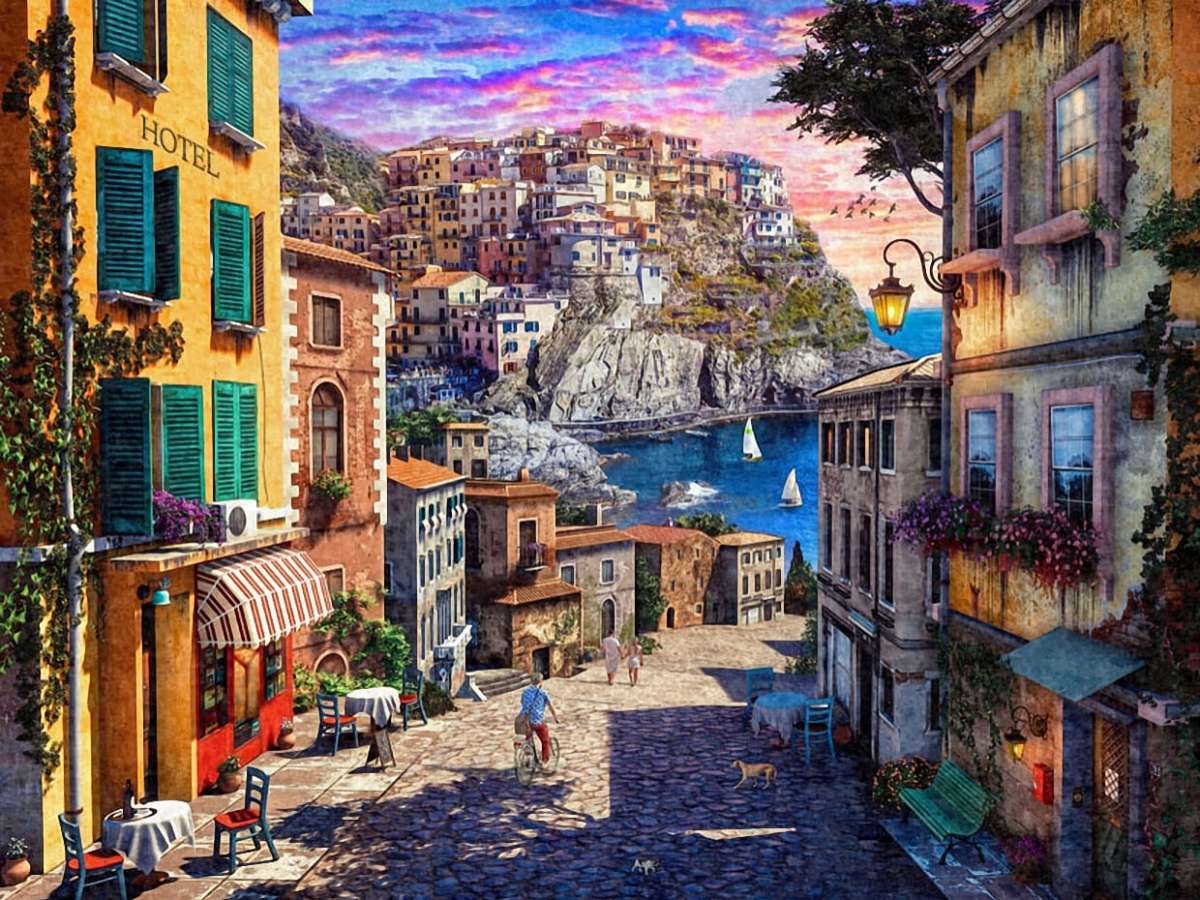 Sonnenuntergang in einem italienischen Dorf, einer charmanten Gasse Puzzlespiel online