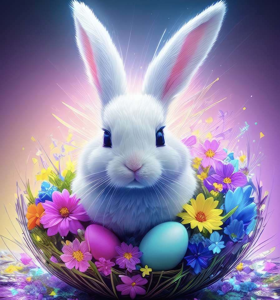 Великденски бял заек в кошница онлайн пъзел
