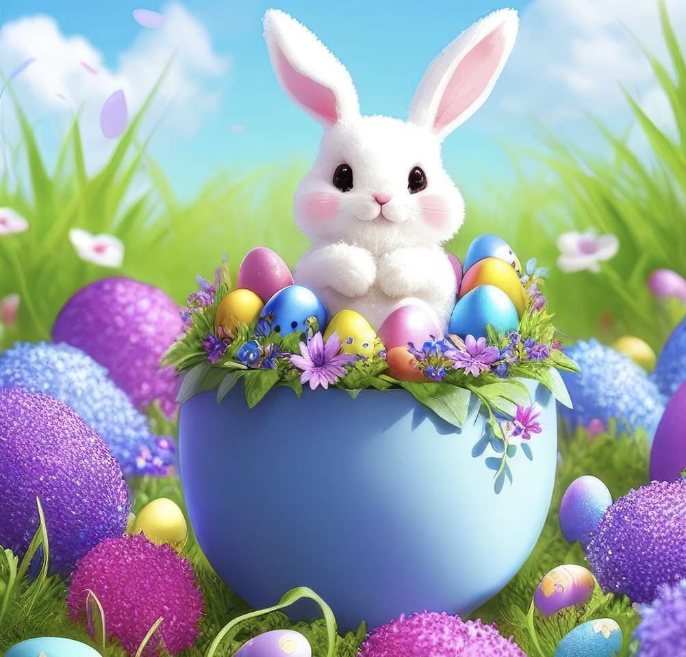 Een roze konijntje met eieren wacht op kinderen legpuzzel online
