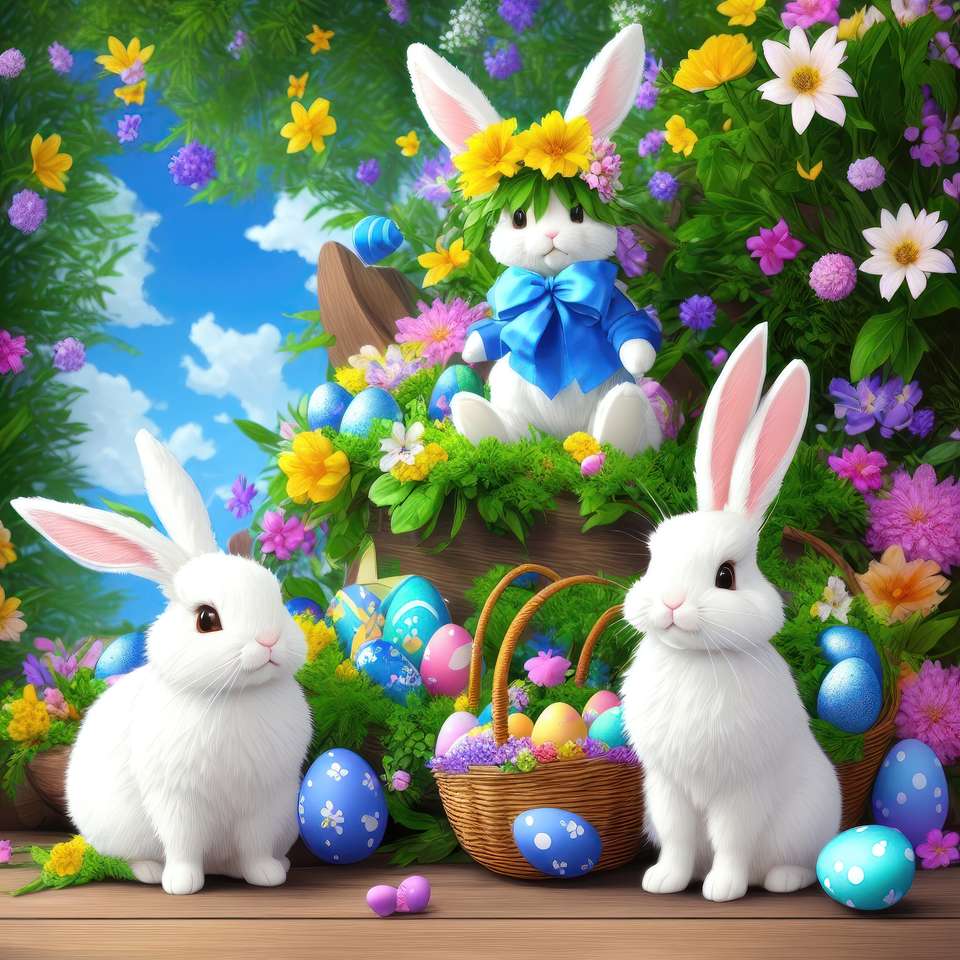 A nyuszi család húsvéti tojásokkal és gyerekeket hív kirakós online