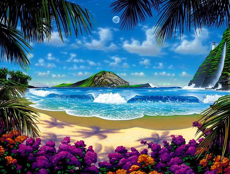 Full moon, lighthouse, colorful shore, small waves jigsaw puzzle online