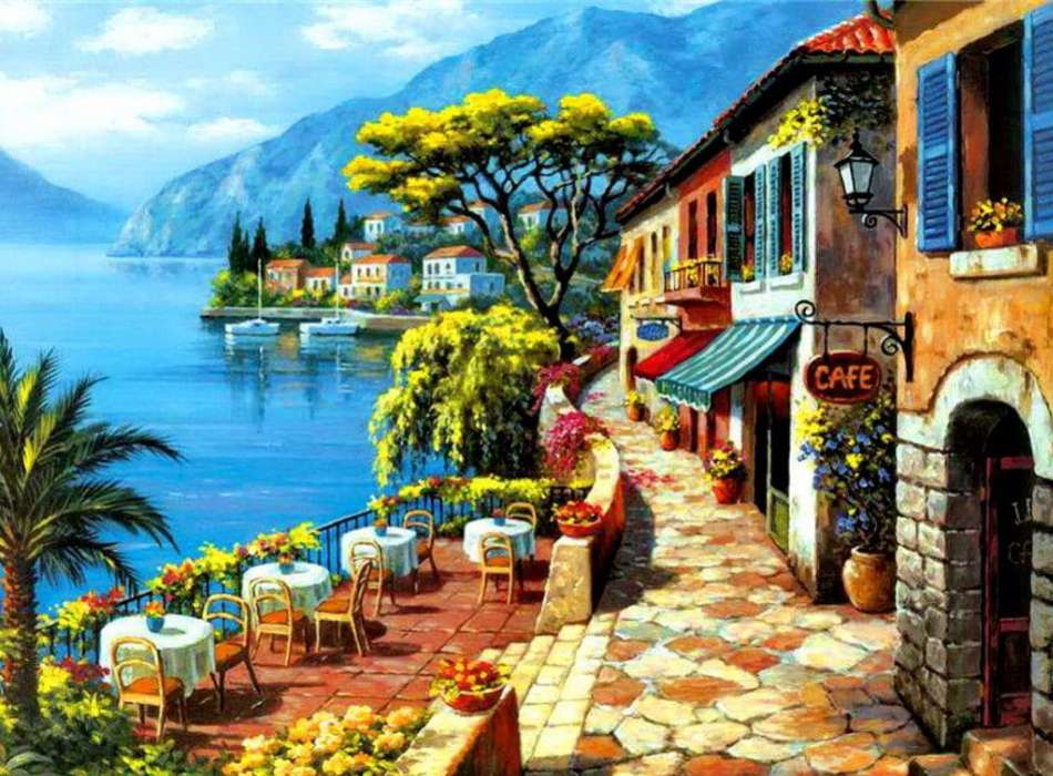 Cafenele romantice de coastă, strada mică, kol puzzle online
