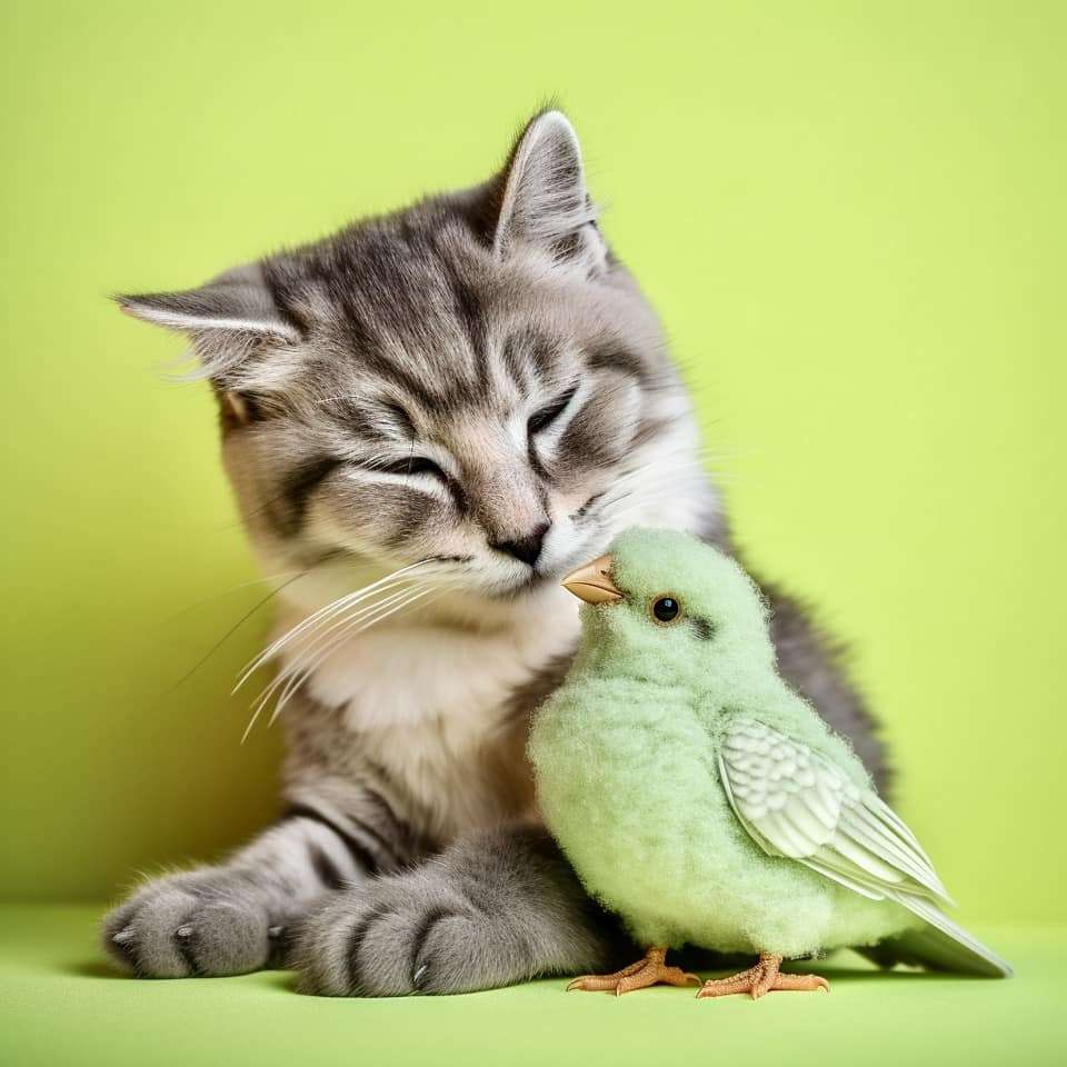 кот с маленькой птичкой онлайн-пазл