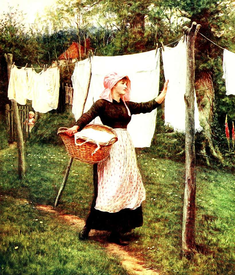 Mulher com um cesto de roupa suja quebra-cabeças online