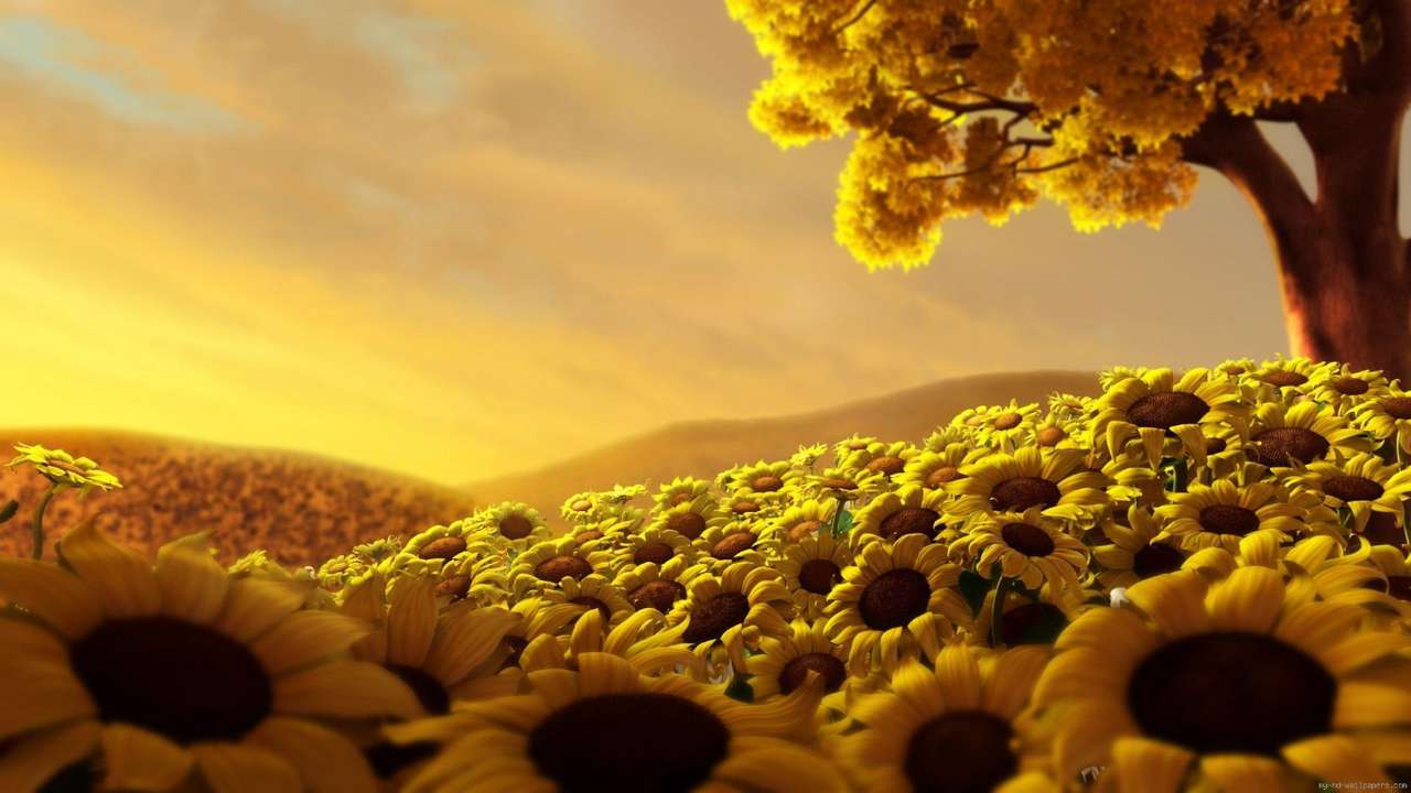 schöner sonnenaufgang mit sonnenblumen Online-Puzzle