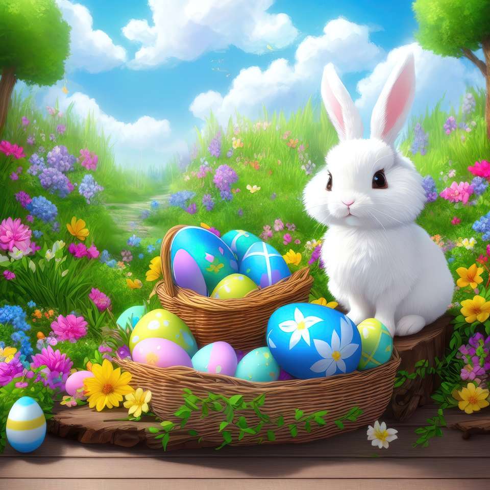 Krásná velikonoční vajíčka a roztomilý zajíček skládačky online