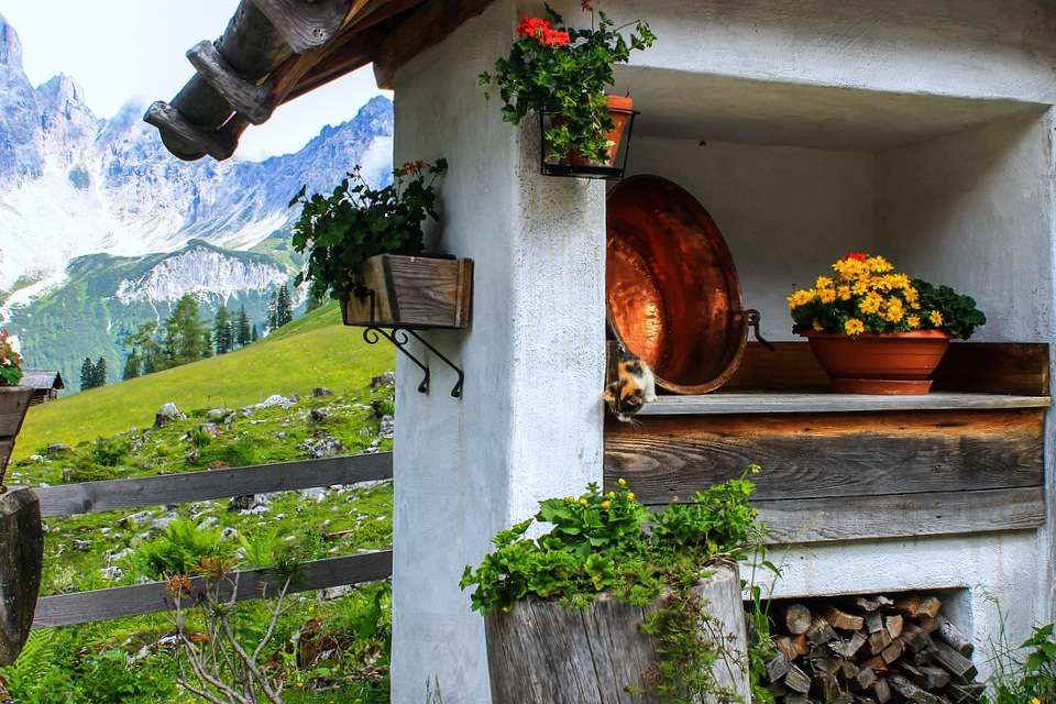 Achtertuindecoratie (met een katje) in de Alpen legpuzzel online