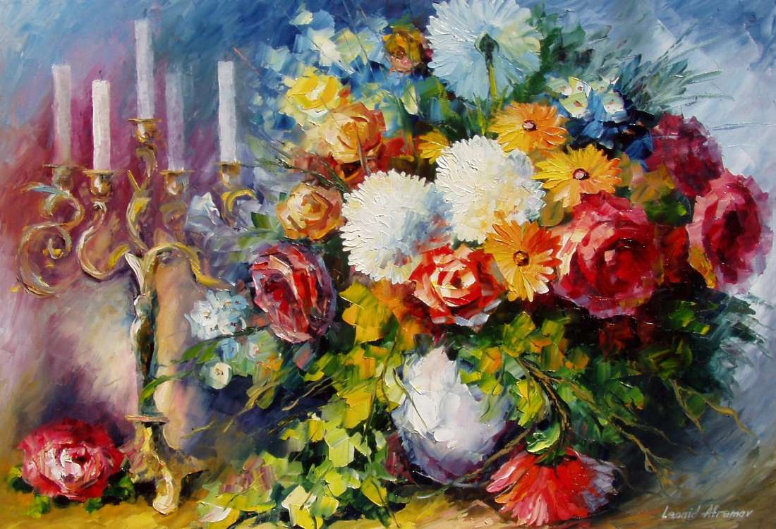 Konstnärliga, målande, ljusstakar, färgglada, blommor Pussel online