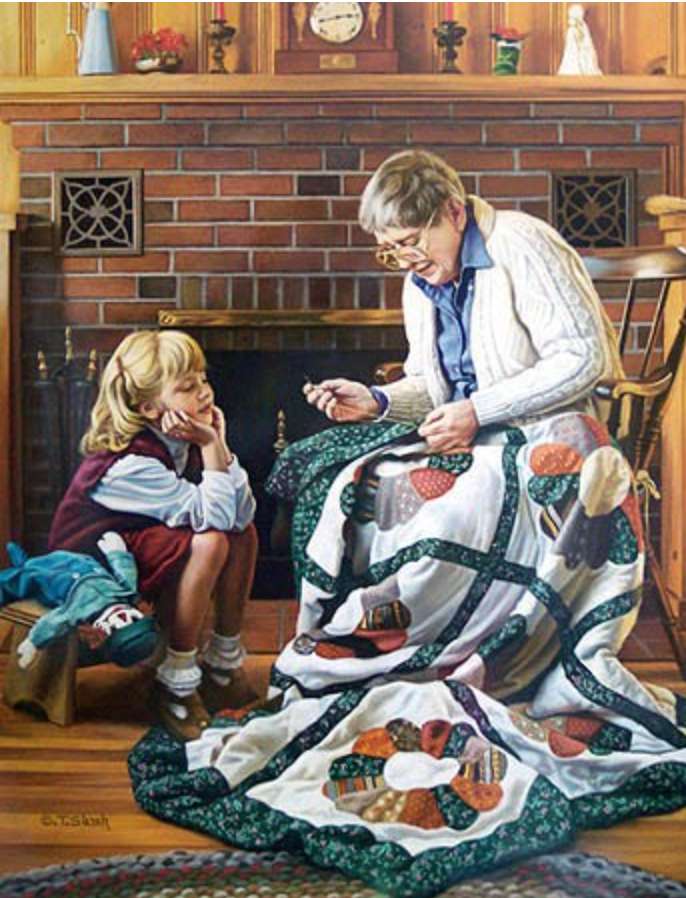 nagymama patchwork-ot készít az unokájával kirakós online