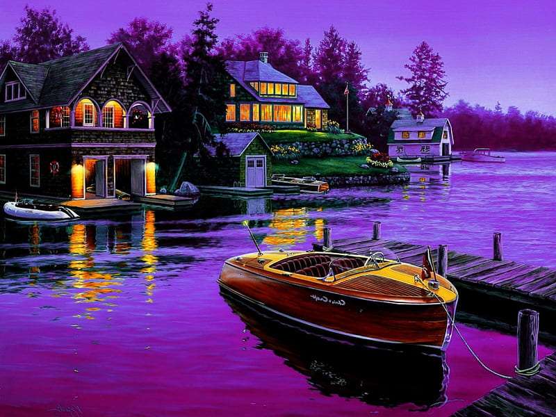 Lakeside cottages and boat dock jigsaw puzzle online