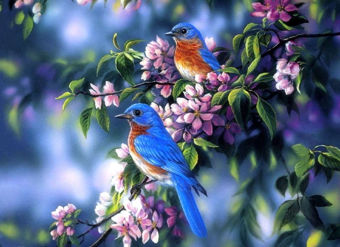 Maravillosas flores de cerezo y coloridos pájaros. rompecabezas en línea
