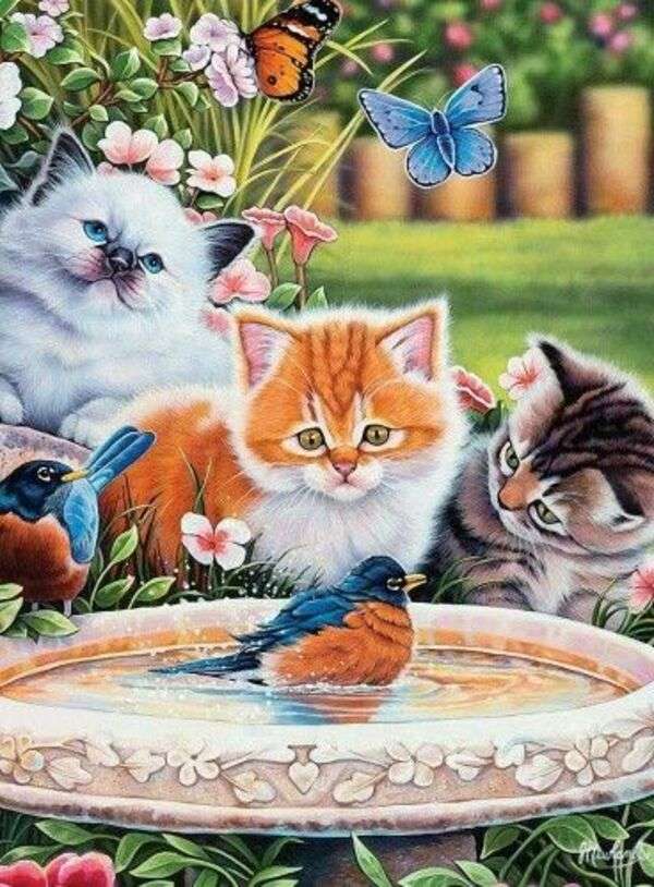 Pisicile se uită la o pasăre #286 jigsaw puzzle online
