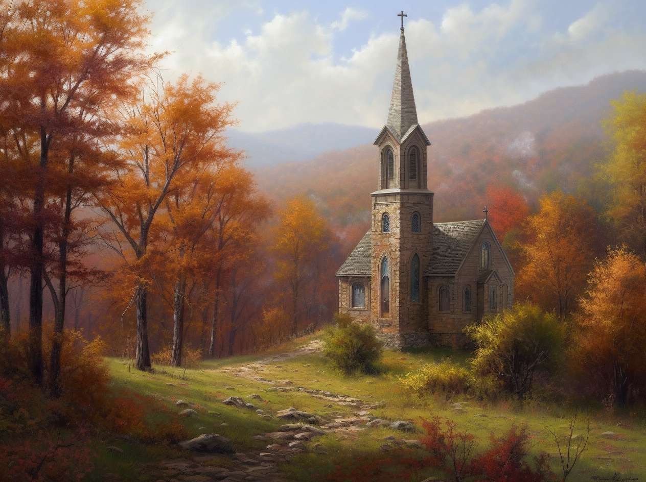 秋の木々に囲まれた教会 ジグソーパズルオンライン