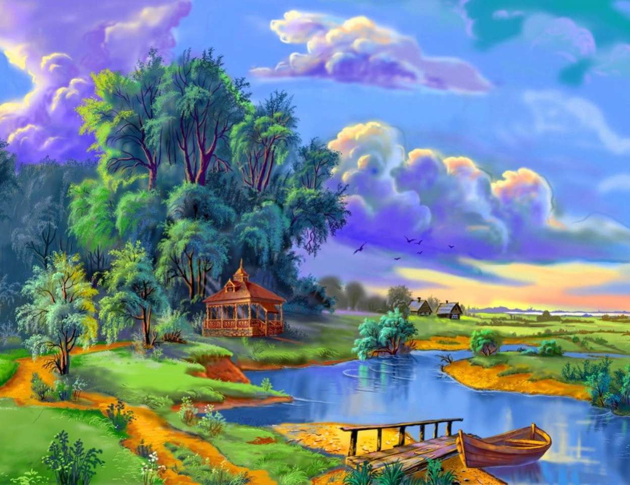 Gazebo in der Nähe eines kleinen Flusses, schöne Landschaft Puzzlespiel online