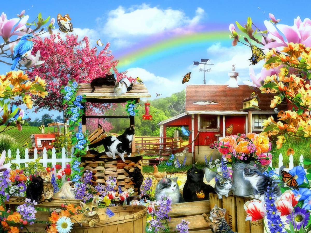 Kitties on the Farm-Киці на фермі серед квітів пазл онлайн