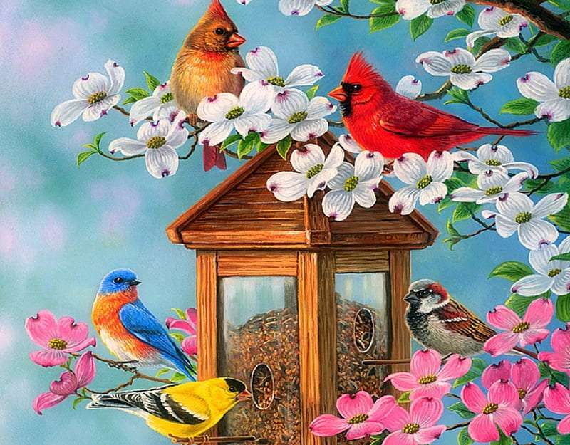 La alegría de la primavera, bonitos y hermosos colores de flores y pájaros. rompecabezas en línea