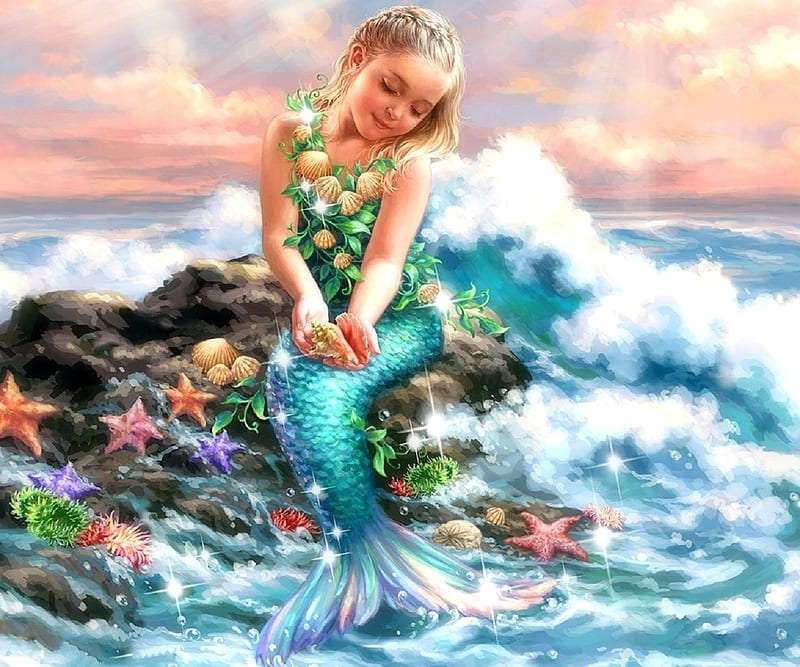 Schöne kleine Meerjungfrauprinzessin und ihre Schätze Online-Puzzle