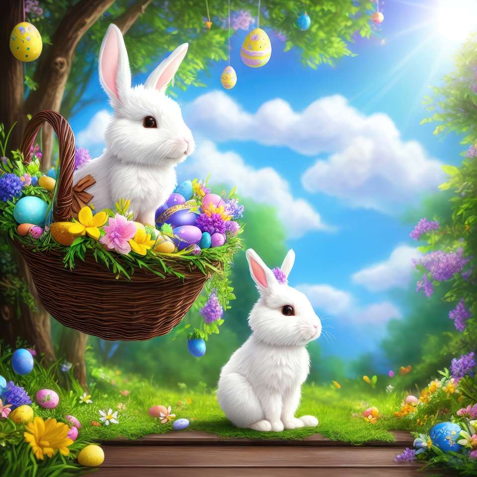 2 つの白いウサギ、イースターの準備ができて ジグソーパズルオンライン