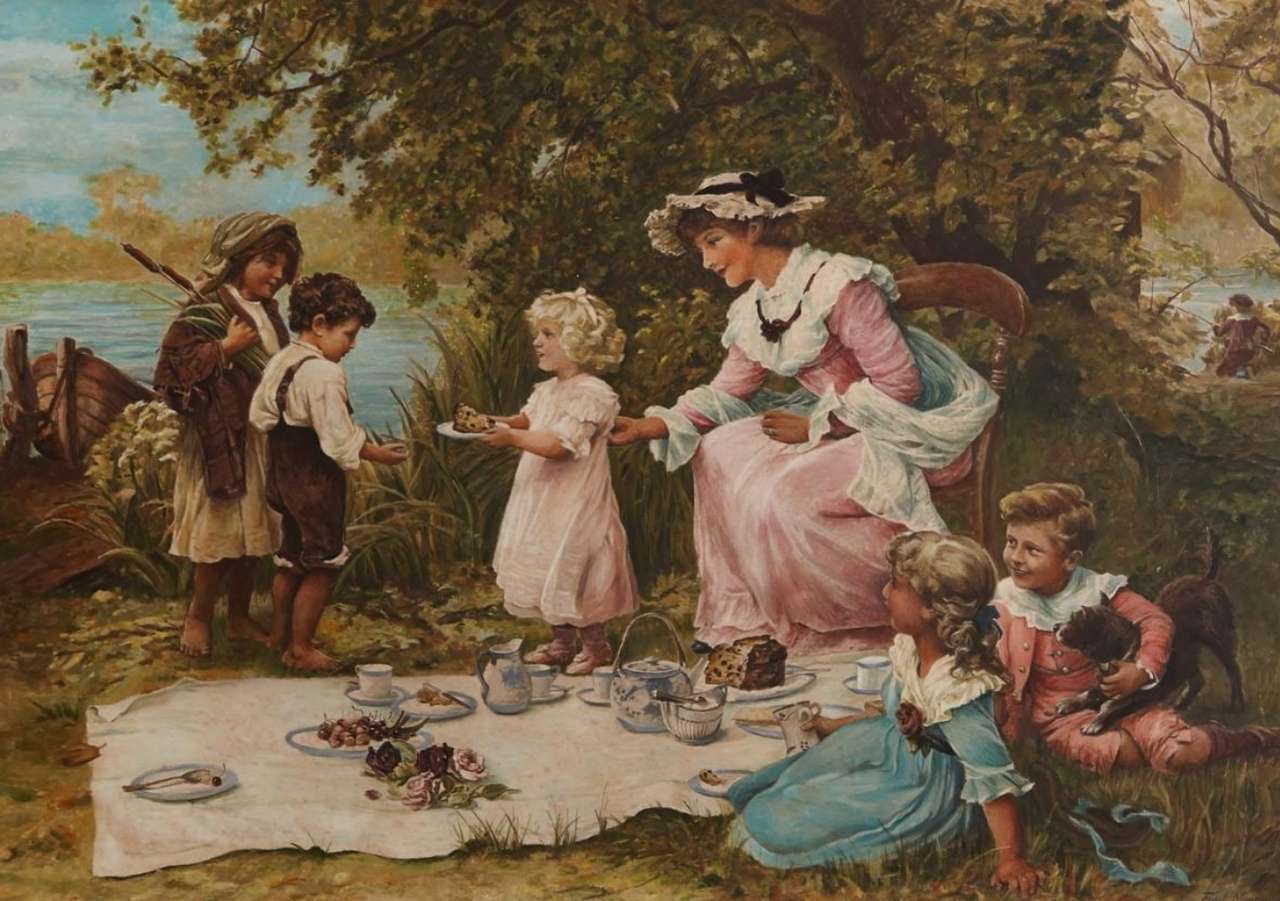 Picknick för den rika familjen och byns barn pussel på nätet