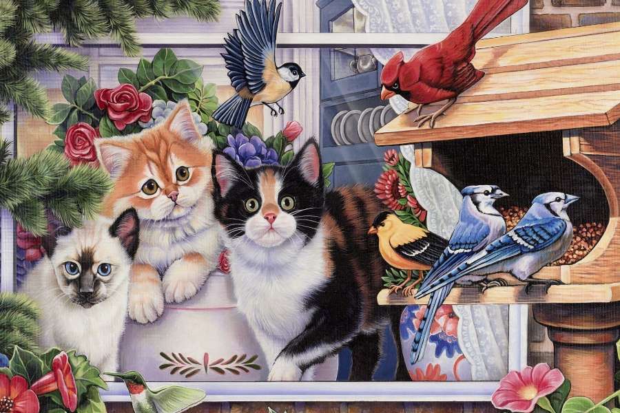 Lieve kittens en prachtige kleurrijke vogels legpuzzel online