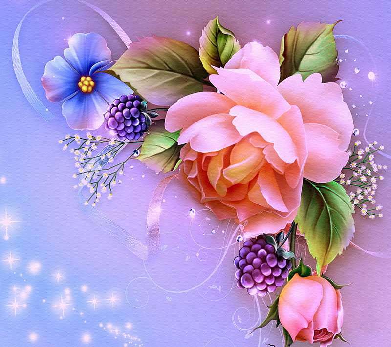 Όμορφο λουλουδάτο μοτίβο, βατόμουρο, παιώνια, τριαντάφυλλο παζλ online