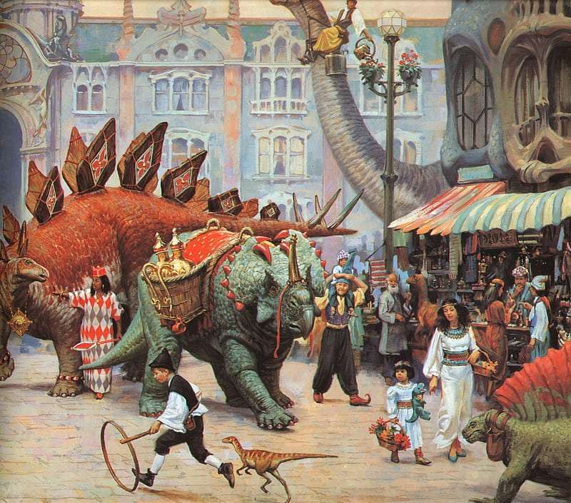 Dinotopia - parada dinozaurilor în orașul vechi puzzle online