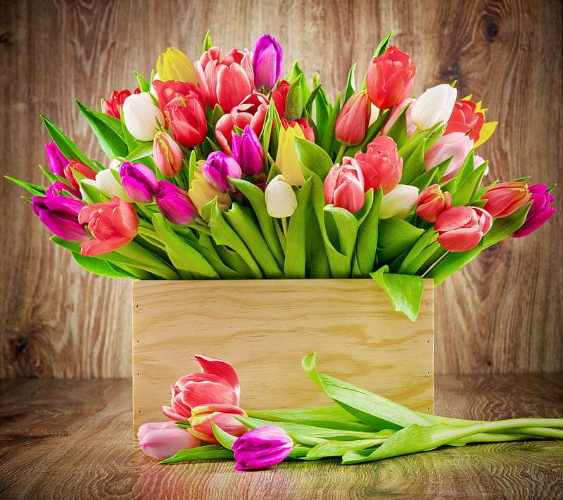 Tulpen in de kleuren van de lente, een interessant arrangement online puzzel