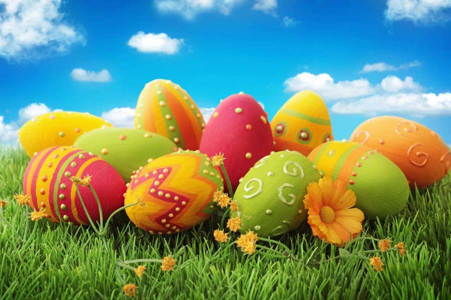 Hermosos huevos de Pascua coloridos en la hierba verde rompecabezas en línea
