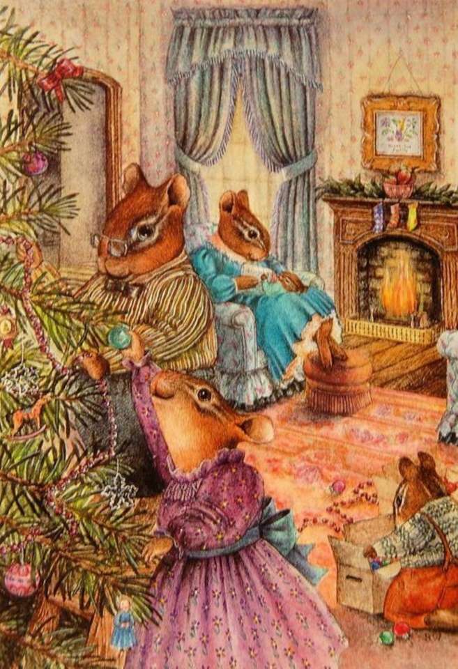a família do esquilo decora a árvore puzzle online