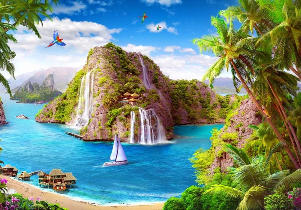 Vista exótica do paraíso - casas na rocha, cachoeira puzzle online