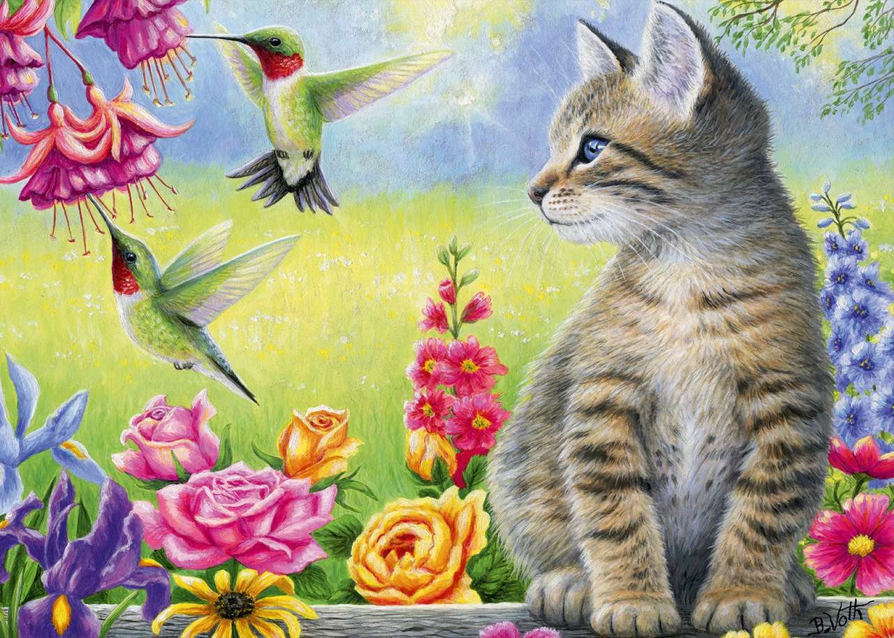 gatito entre flores y pájaros rompecabezas en línea